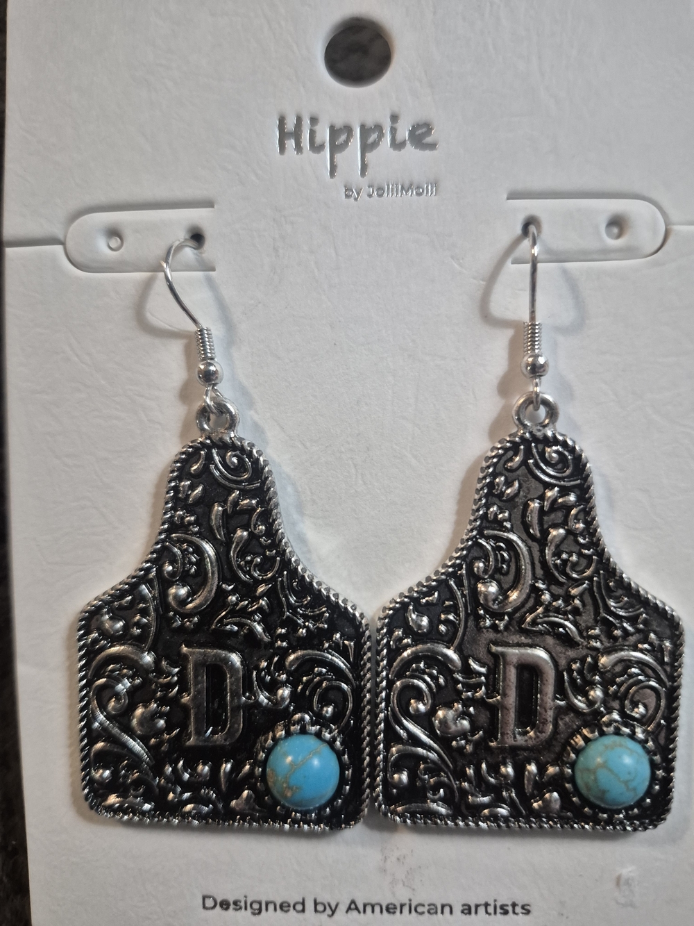 Hippie Rose Silver Filigree 'D' Earrings with Turquoise Accents